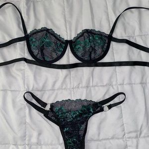 Lacey black teal bra and thong set / lingerie